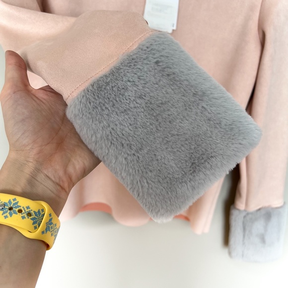 NWT | Zara Faux Suede Top Faux Fur Sleeve Trim Light Pink Grey Gray Pullover M - Picture 9 of 13